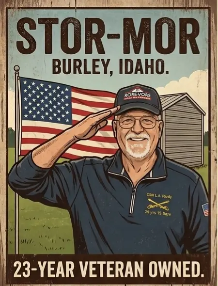 Vintage poster of Lon saluting in front of an American flag and a storage barn, reading "Stor-Mor, Burley, Idaho" and "23-year veteran owned"