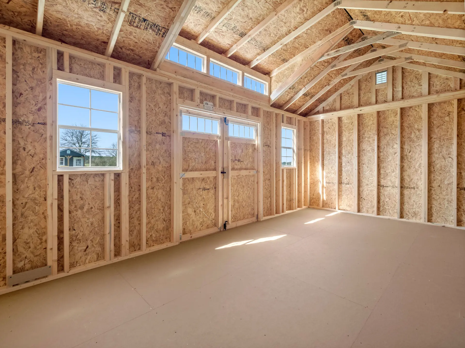 Sunlit interior of a shed showing open stud walls, a vaulted roof with transom windows above the double doors, and a clean unfinished floor