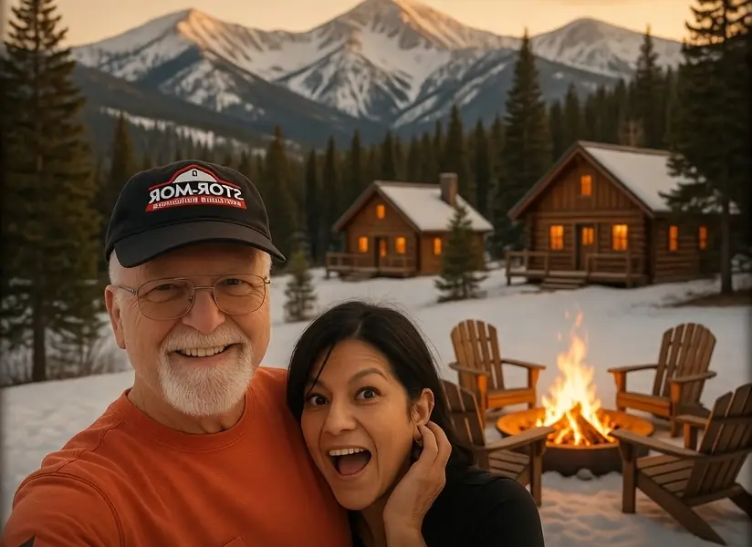 Lon and Araceli Hardy, the owners of JTCS Buildings, smiling in the snow in front of log cabins and a lit fire pit